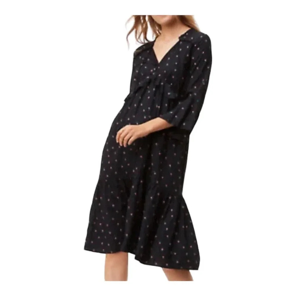 Ann Taylor LOFT 3/4 Sleeve Black Floral Print Midi Dress